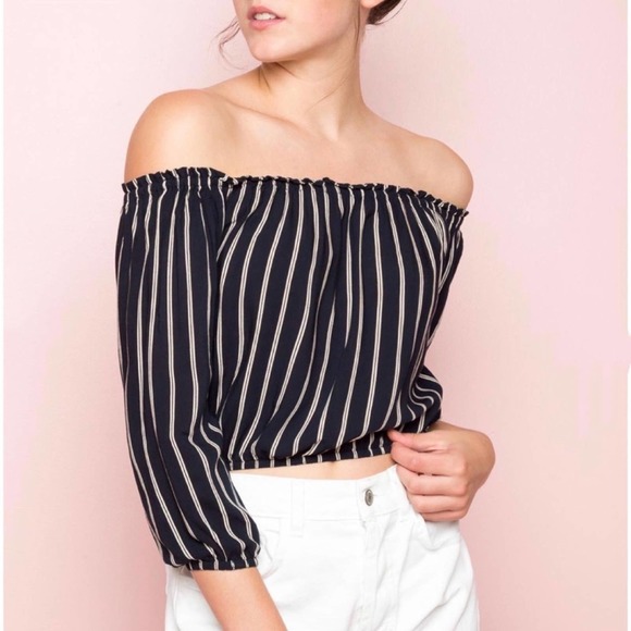 Brandy Melville Tops - Brandy Melville Off Shoulder Crop Dark Navy Blue Stripe Maura Blouse Top, Small